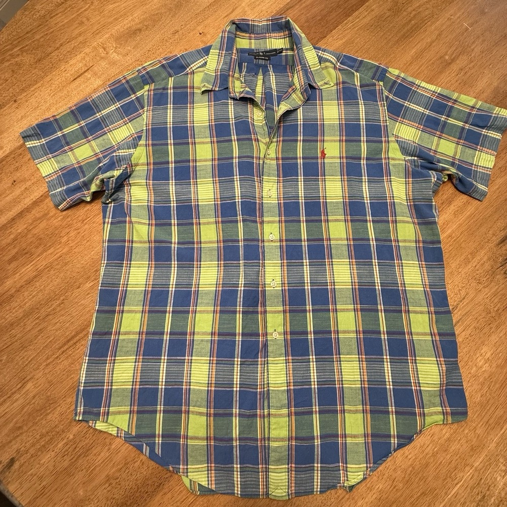 Men's Ralph Lauren‎ Short Sleeve Plaid Button Up XL Green Blue